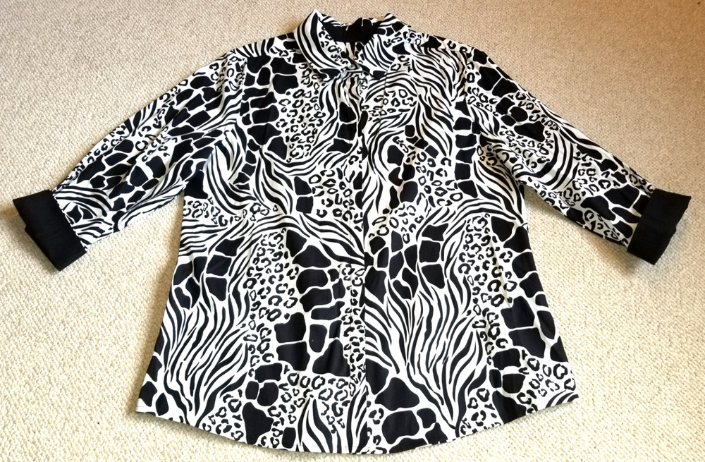 Womens Top-PERLAVERA-blk/wht animal print 'Nova Hybrid' 'Slim Fit' button-up-L